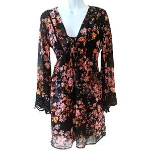 Xhilaration Women’s Long Sleeve Black Floral Mini Dress With Lace Detail